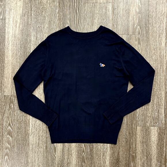 Maison Kitsuné Virgin Wool Tricolor Fox Patch Crewneck Sweater Knitwear Navy EUC - Picture 10 of 12
